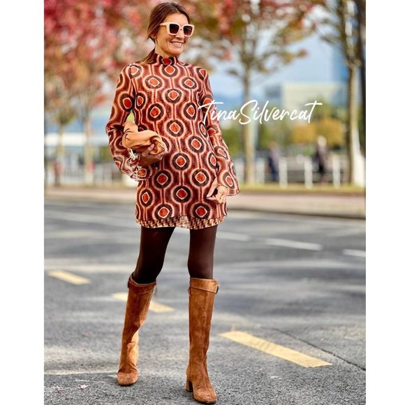 BLOGGER'S FAVE! Zara Printed Organza Mini Retro Dress Orange/Brown Sz XS NWT - Picture 15 of 17